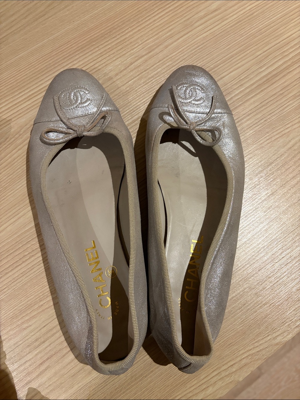 CHANEL Champagne Metallic Ballet Flats with CC Bow